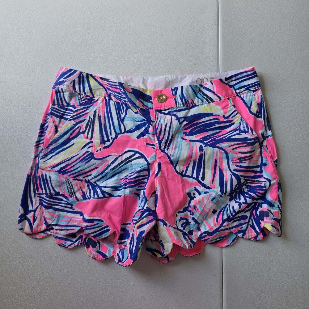 Lilly Pulitzer Buttercup Shorts Womens 00 Pink Blue Floral Scallop Hem Chino